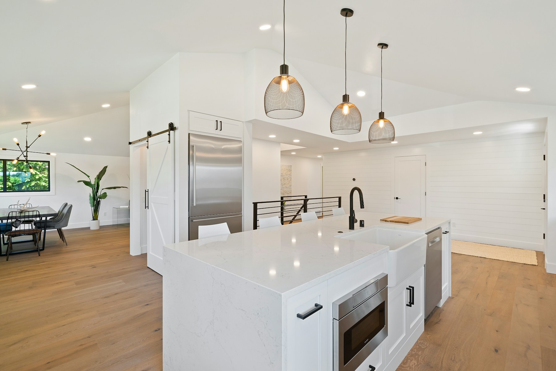 Modern renovated kitchen interior with pendant lights